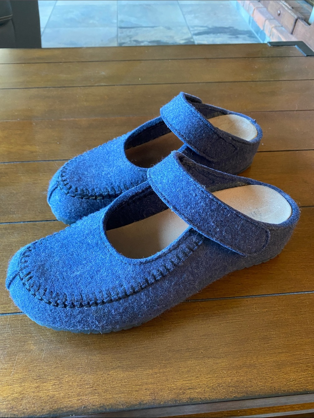 HAFLINGER Thick Boiled Wool Heathered Blue Slides Cork/Leather Insole 40/9.5 $65